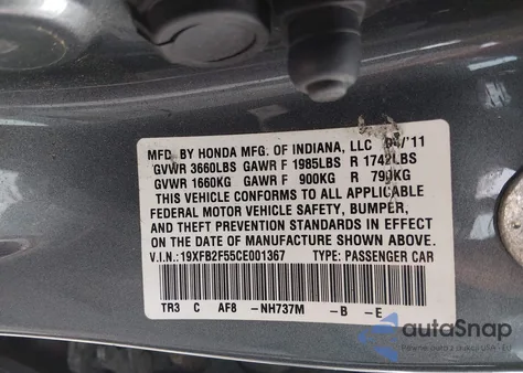 2012 Honda Civic Lx z USA, uszkodzony, nr VIN 19XFB2F55CE001367